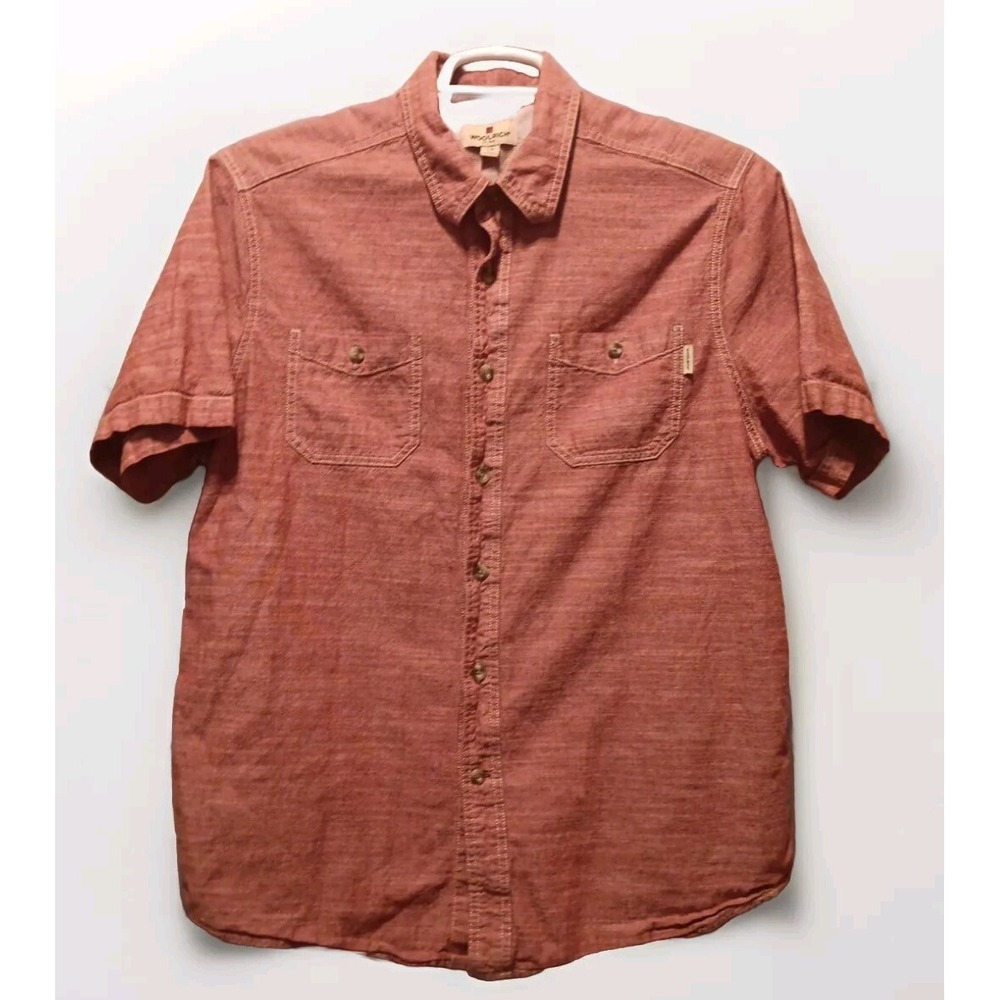 Woolrich Mens L Button Up Shirt Red 2 Pockets 100% Cotton Short Sleeve Lightweig